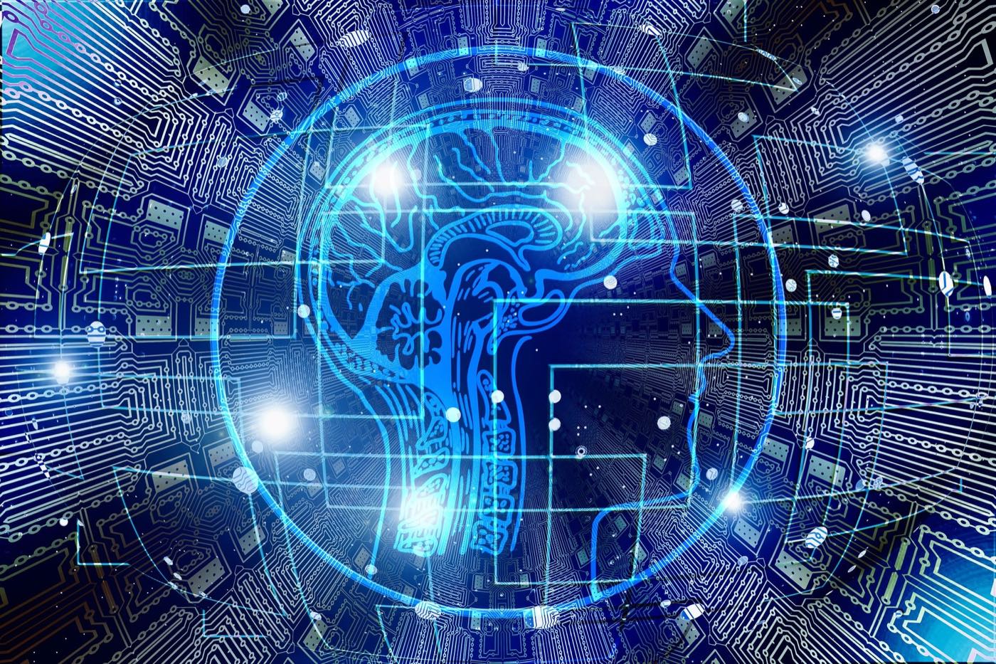 Artificial-intelligence concept — a glowing brain over a circuit board